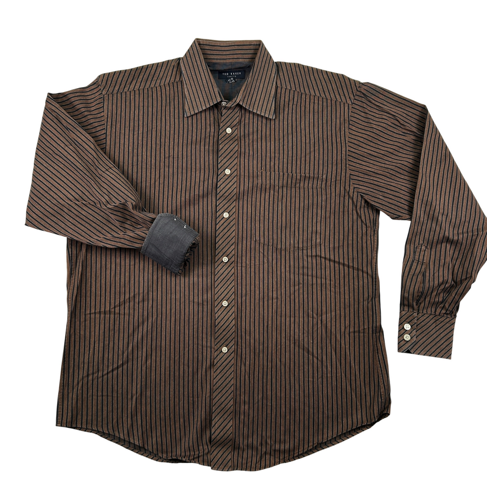 Ted Baker Shirt Mens 16 Striped Button-Up Long Sleeve Brown Classic Fit